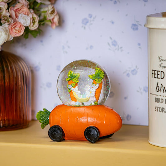Hop Into Spring Water Globe Resin Carrot Car with Easter Bunny Scene,