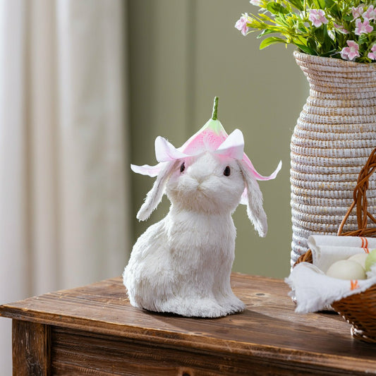 Hop Into Spring Table Decor Natural Fiber Bunny with Flower Hat, 10"H