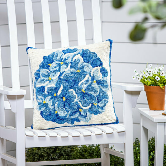 Blue Hydrangea Indoor/Outdoor Hooked Pillow 18"x18"