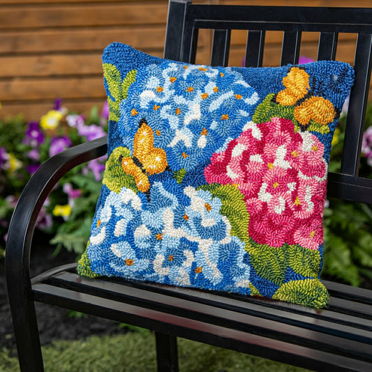 Vibrant Hydrangeas Indoor/Outdoor Hooked Pillow 18"x18"