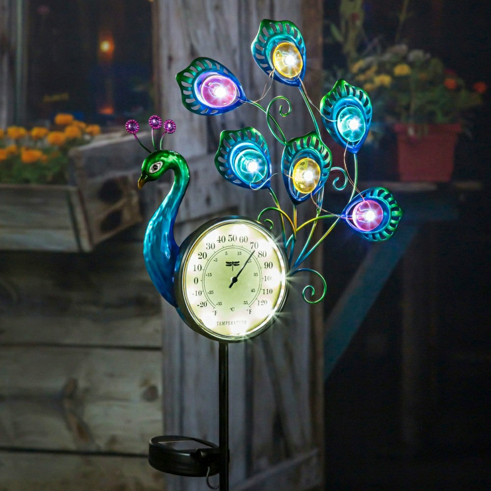 36"H Solar Peacock Thermometer Stake