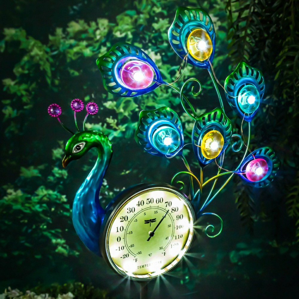 36"H Solar Peacock Thermometer Stake
