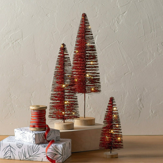 Red Wooden LED Tabletop Holiday Trees, Set of 3
