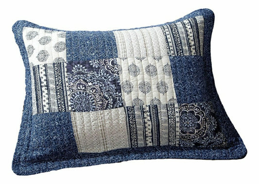 Denim Blue Elegance Floral Patchwork Farmhouse Pillow Sham