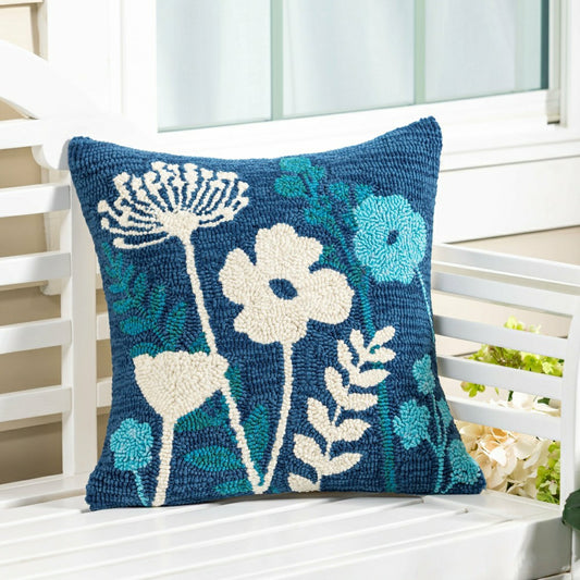 VivaStyle Gilded Meadow Indoor/Outdoor Hooked Pillow, Blue Wildflowers