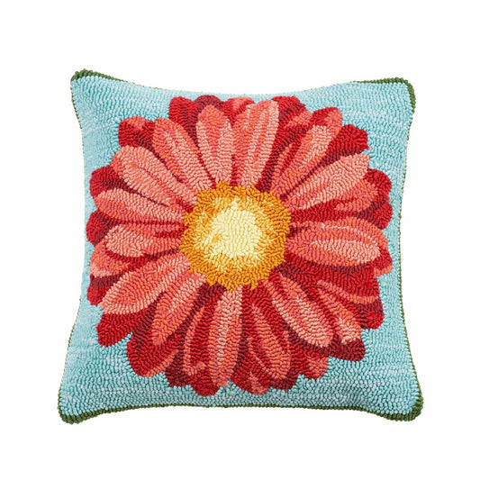 Indoor Outdoor Hooked Pillow Pink Flower 18"x18"