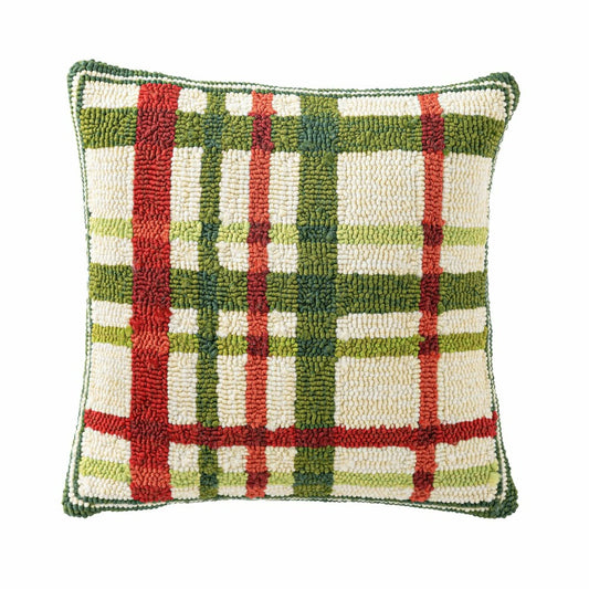 Indoor/Outdoor Plaid Hooked Polypropylene Throw Pillow 18"x18"