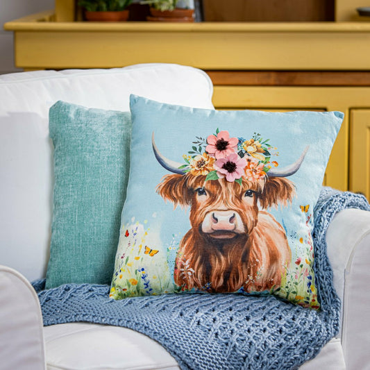 Hillside Pasture Throw Pillow Square Farm Highland Cow, 16"
