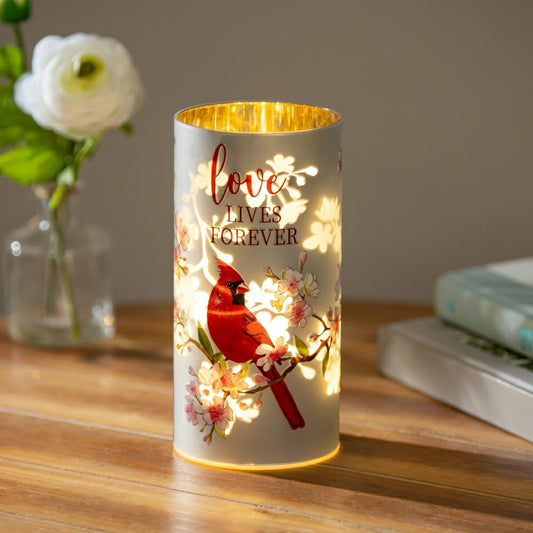 Memorial LED Table Decor Glass Lasercut Cardinal "Love Lives Forever,