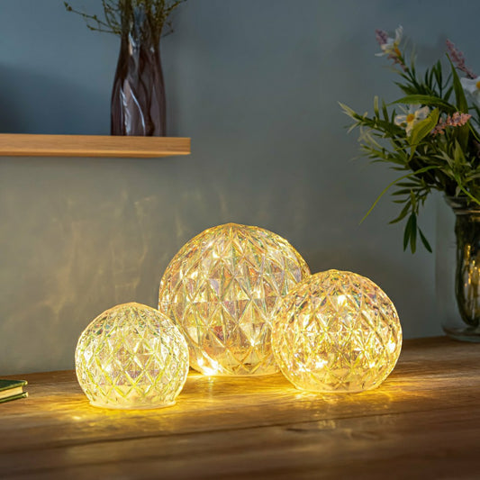 Cottage Garden LED Table Decor Glass Round Iridescent, Set of 3