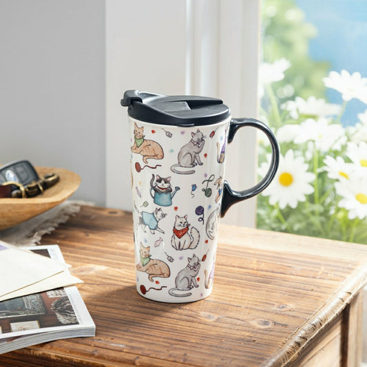 Hillside Pasture Pet Travel Cup Ceramic Perfect Cup, Cats Playing, 17o