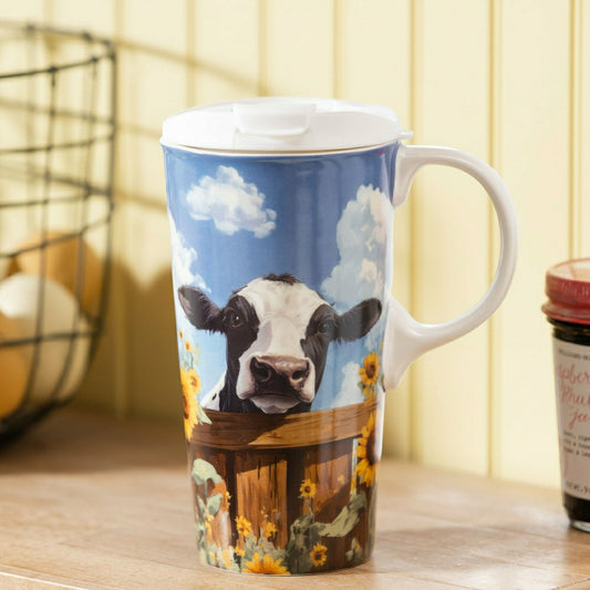 Hillside Pasture Travel Cup Ceramic Perfect Cup, Cow Behind Fence, 17o