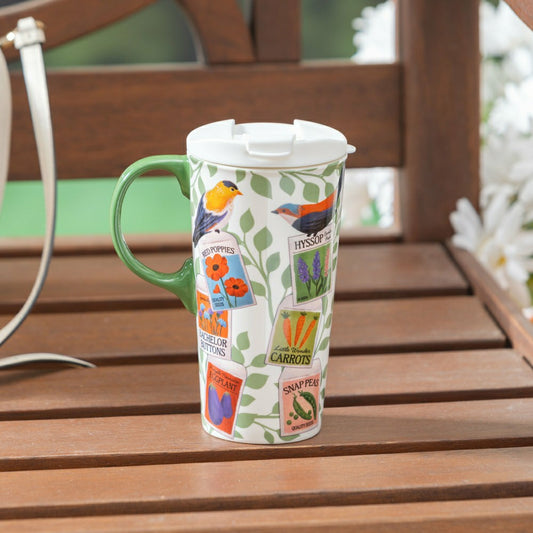 Cottage Garden Travel Cup Ceramic Perfect Cup, Colorful Birds, 17oz, G