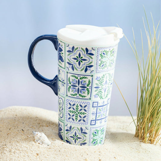 Seaside Retreat Travel Cup Ceramic Perfect Cup, Floral Tiles, 17oz, Gi