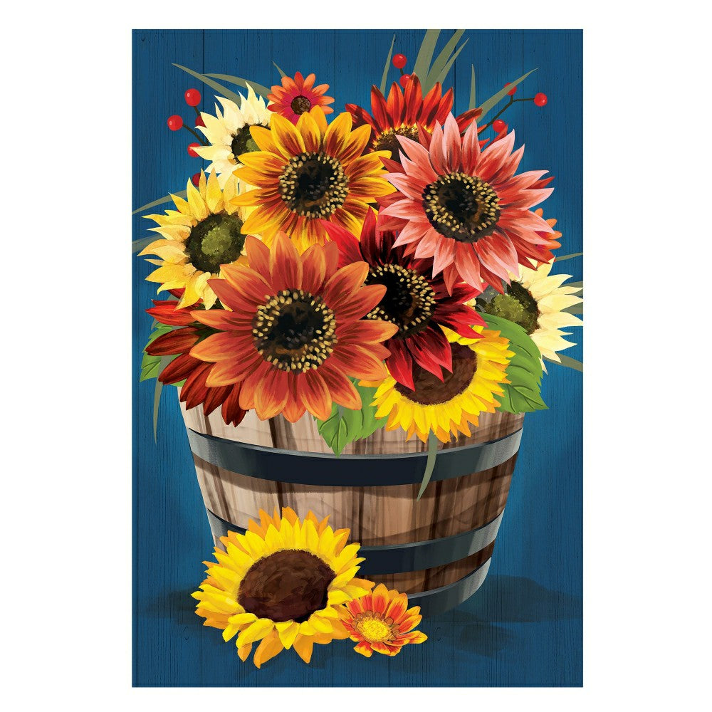 Barrel Of Blooms & Pumpkins Burlap House Flag