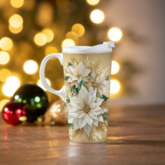 Pearl & Pine Travel Cup Ceramic Perfect Cup, Poinsettia, 17oz, Gift Bo