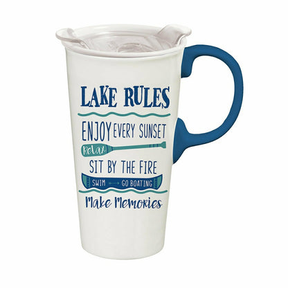 Ceramic Travel Cup, 17 OZ. ,w/box Lid, Lake Rules