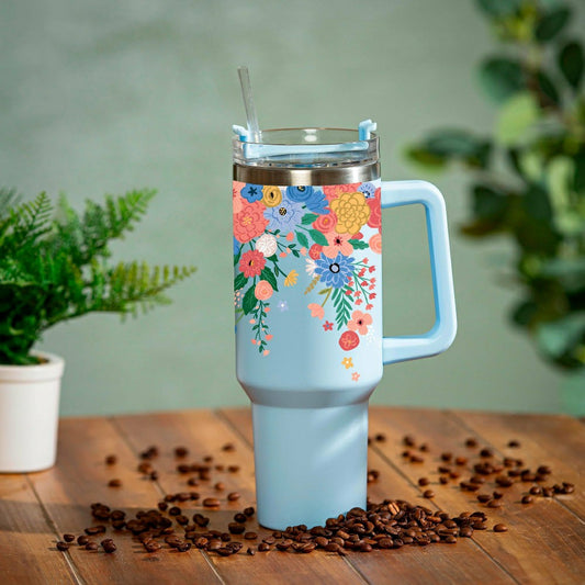 Bursting Blossoms Canyon Cup, Double Wall Stainless Steel w/ Straw, 40