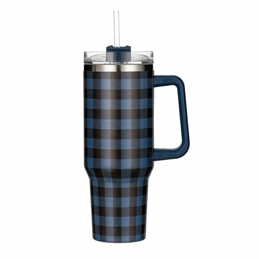 Tumbler Stainless-Steel Canyon Cup w/ Straw, Blue Buffalo Check, 40oz,