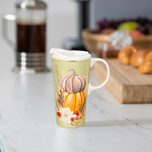 Ceramic Perfect Travel Cup, 17oz, w/ Gift Box, Harvest Pumpkins and Ma