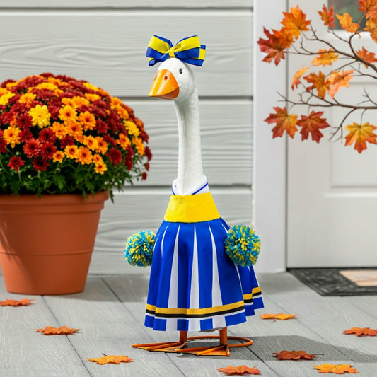 Giddy The Goose, Metal Porch Statue With Cheerleader Outfit, 21"H