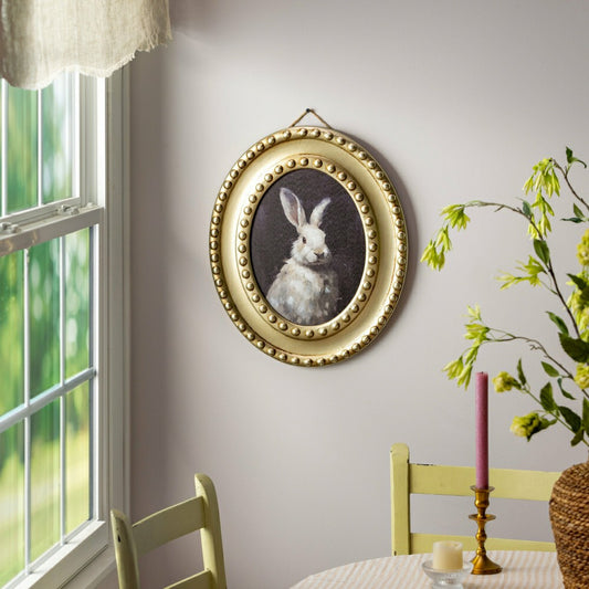 Petal & Plow Indoor Wall Decor, Wood, Rabbit Portrait in Round Gold De