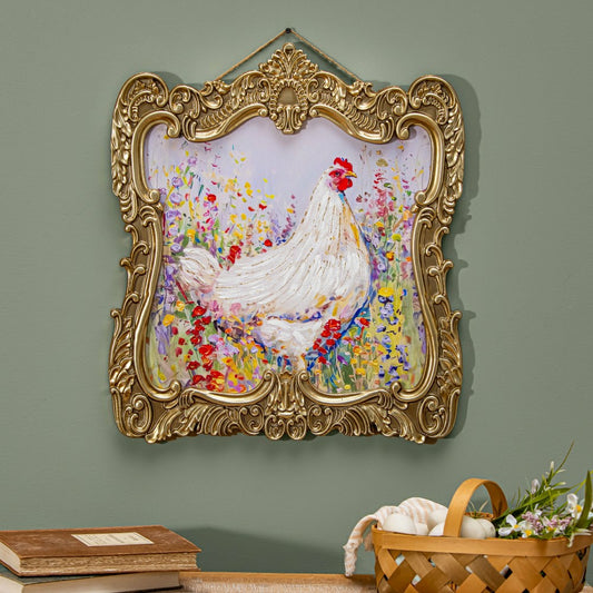 Petal & Plow Indoor Wall Decor, Wood, Chicken in Gold Decorative Frame
