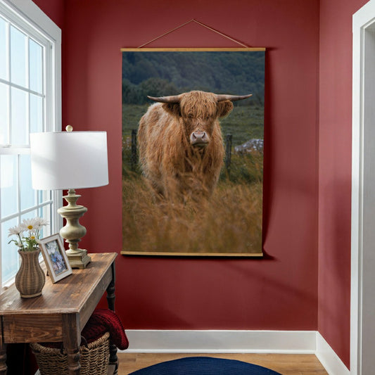 Hillside Pasture Indoor Wall Décor Canvas Tapestry, Highland Cow in Fi