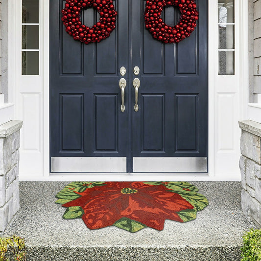 Indoor/Outdoor Hand-Hooked Poinsettia Accent Rug, 3' Round