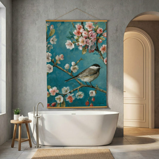 Cottage Garden Indoor Wall Décor Canvas Tapestry, Bird on Floral Branc