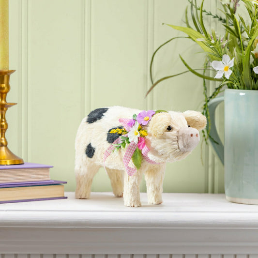 Hillside Pasture Table Decor Natural Fiber Floral Pig, 10.75"L