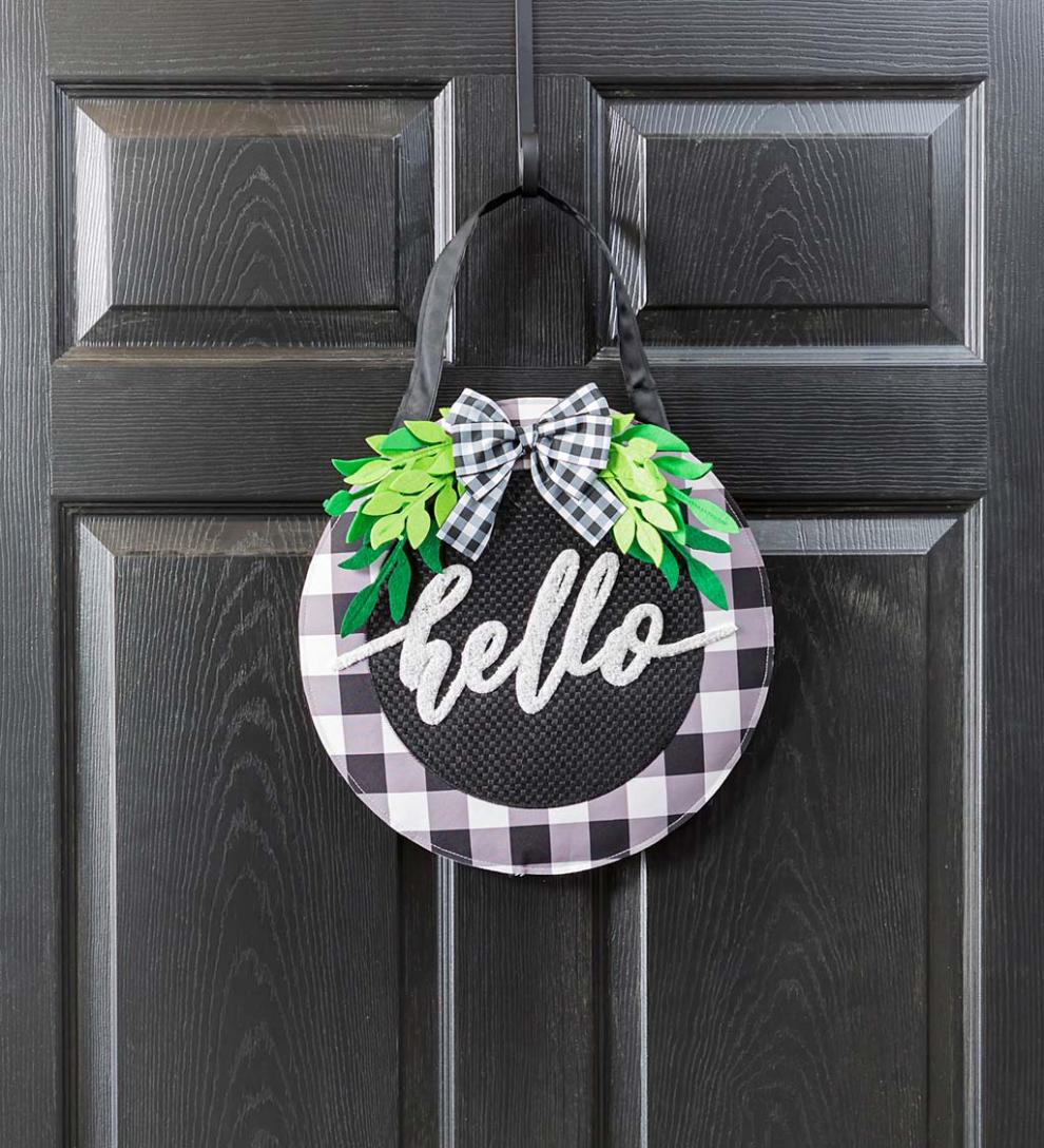 Plow &amp; Hearth Home Accents | Indoor Living Buffalo Check Green Foliage Hello Hanging Door D&Eacute;Cor