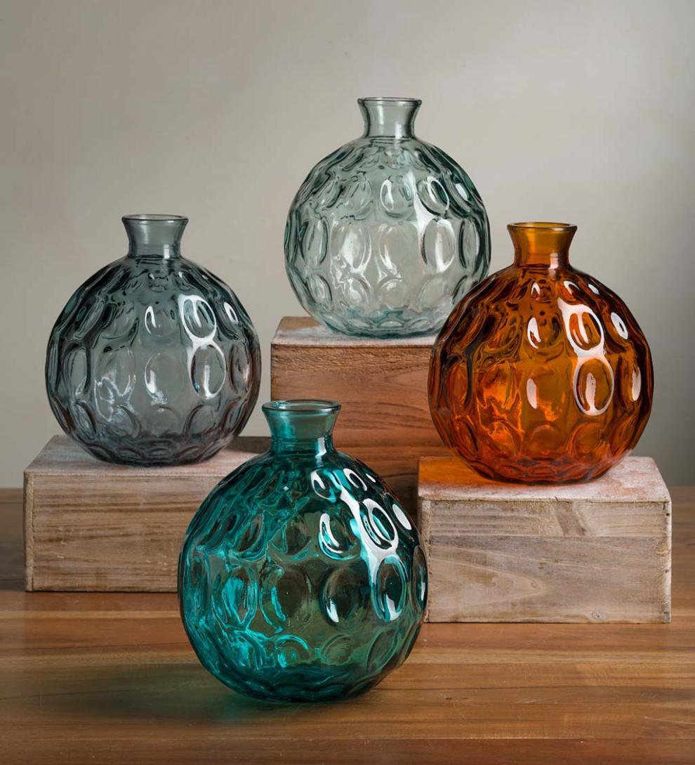 Plow &amp; Hearth Home Accents | Indoor Living Dune Round Recycled Dimpled Glass Vase, 7.5"H - Smoky Blue
