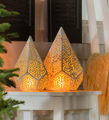 Plow &amp; Hearth Home Accents | Indoor Living Indoor/Outdoor Flicker Flame Battery Operated Geomatric Die Cut Lantern, 11"H