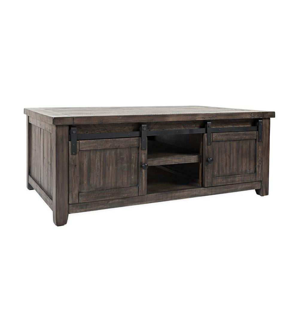 Plow &amp; Hearth Accent Tables | Indoor Living Cape Charles Reclaimed Barnwood Coffee/Cocktail Table With Sliding Barn Doors - Barnwood