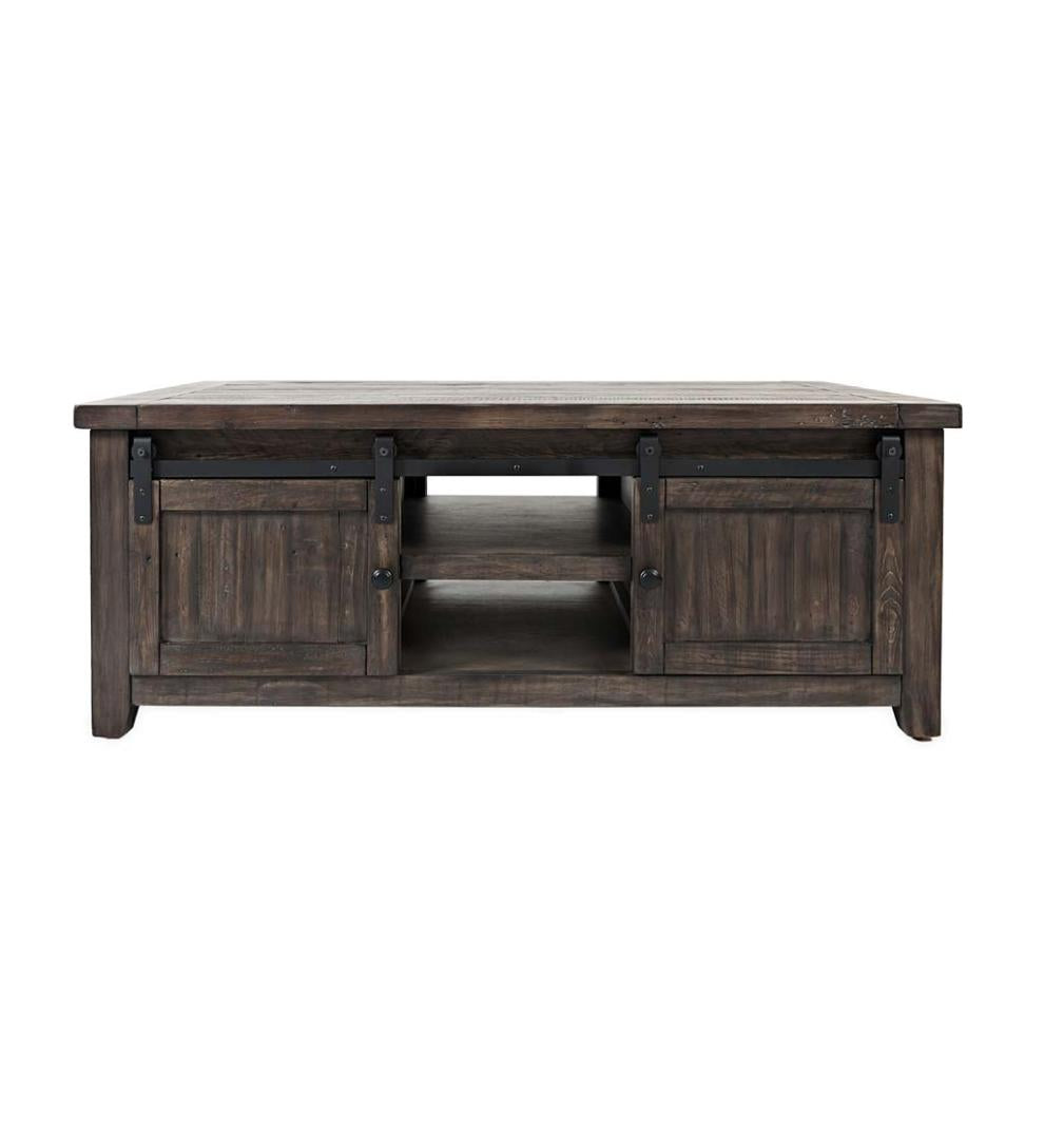 Plow &amp; Hearth Accent Tables | Indoor Living Cape Charles Reclaimed Barnwood Coffee/Cocktail Table With Sliding Barn Doors - Barnwood