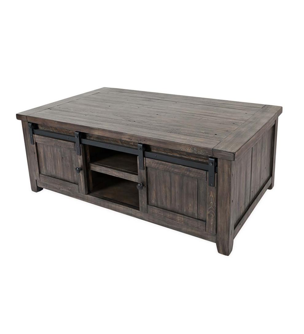 Plow &amp; Hearth Accent Tables | Indoor Living Cape Charles Reclaimed Barnwood Coffee/Cocktail Table With Sliding Barn Doors - Barnwood