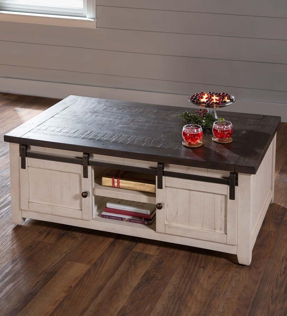 Plow &amp; Hearth Accent Tables | Indoor Living Cape Charles Reclaimed Wood Coffee/Cocktail Table With Sliding Barn Doors - White