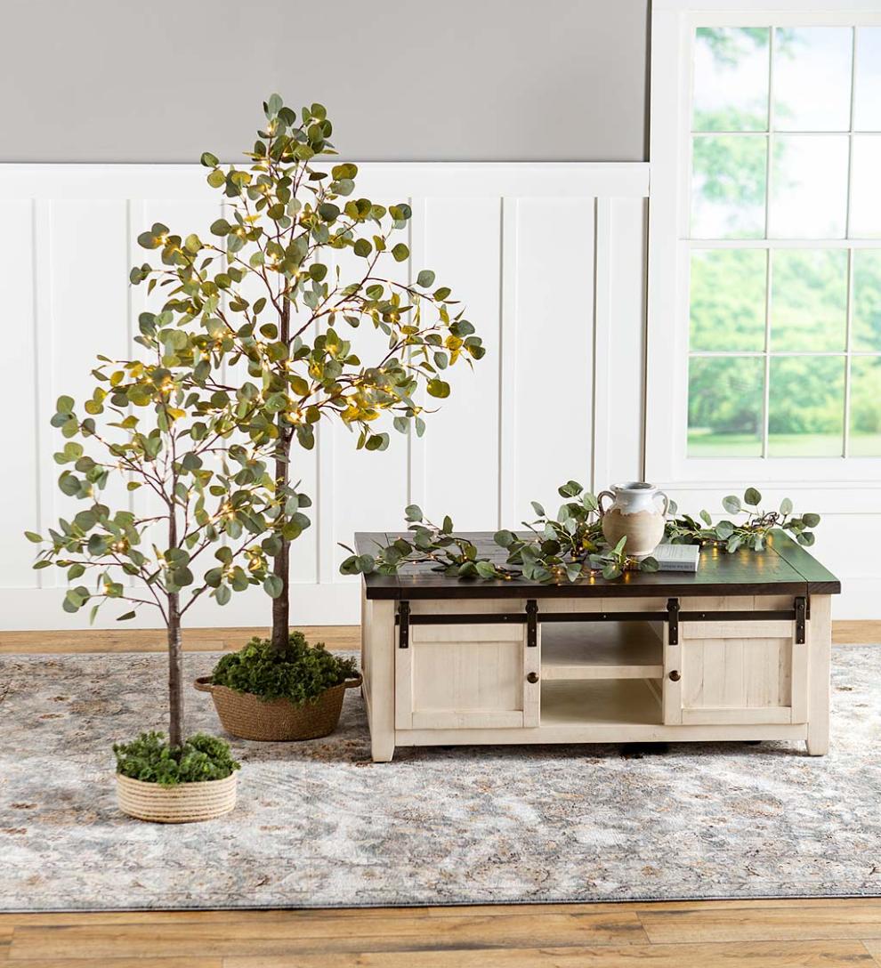 Plow &amp; Hearth Accent Tables | Indoor Living Cape Charles Reclaimed Wood Coffee/Cocktail Table With Sliding Barn Doors - White