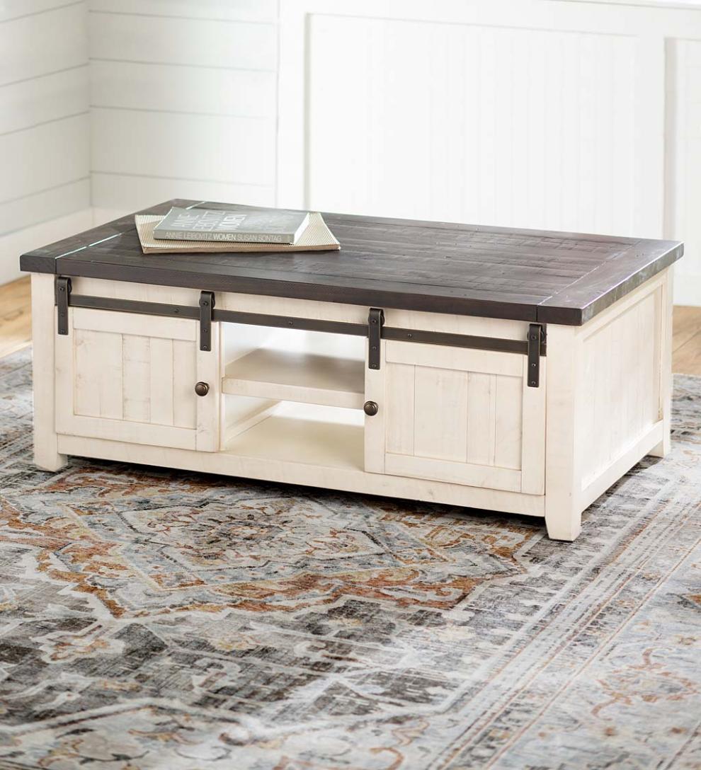 Plow &amp; Hearth Accent Tables | Indoor Living Cape Charles Reclaimed Wood Coffee/Cocktail Table With Sliding Barn Doors - White