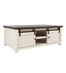 Plow &amp; Hearth Accent Tables | Indoor Living Cape Charles Reclaimed Wood Coffee/Cocktail Table With Sliding Barn Doors - White