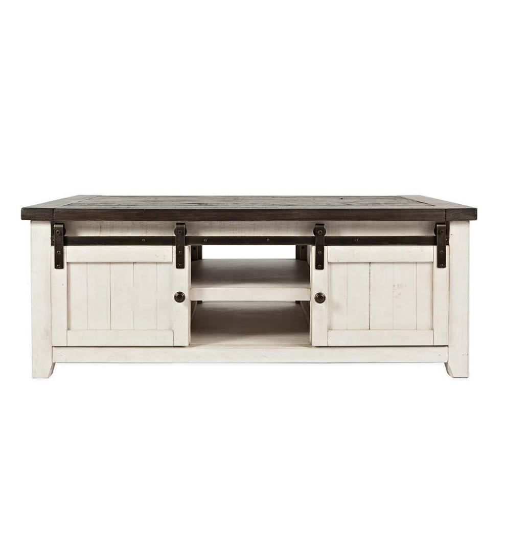 Plow &amp; Hearth Accent Tables | Indoor Living Cape Charles Reclaimed Wood Coffee/Cocktail Table With Sliding Barn Doors - White