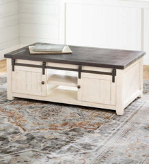 Plow &amp; Hearth Accent Tables | Indoor Living Cape Charles Reclaimed Wood Coffee/Cocktail Table With Sliding Barn Doors - White