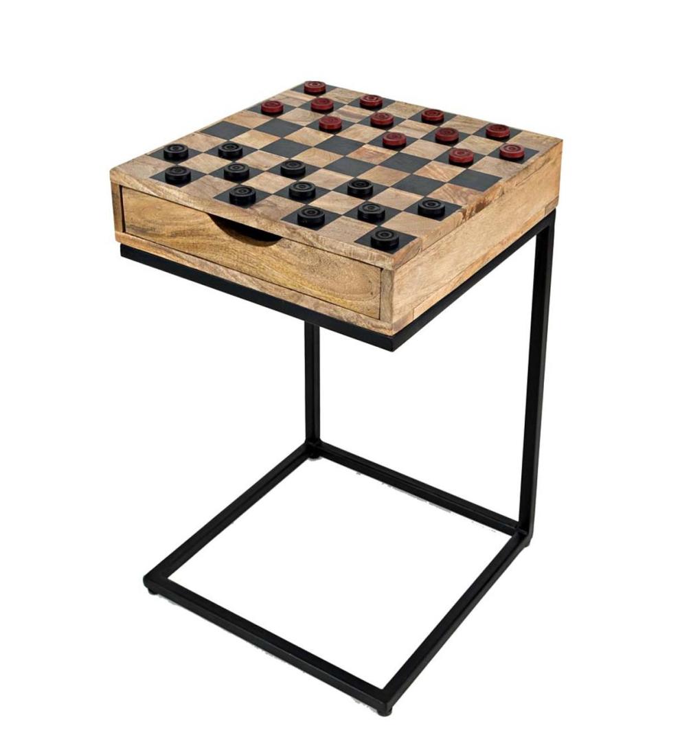 Plow &amp; Hearth Accent Tables | Indoor Living Checkerboard Pull-Up Side Table With Game Pieces