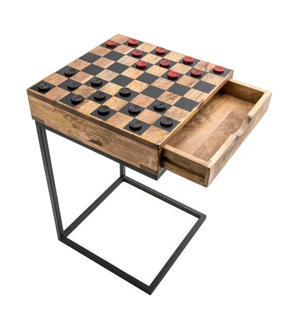 Plow &amp; Hearth Accent Tables | Indoor Living Checkerboard Pull-Up Side Table With Game Pieces