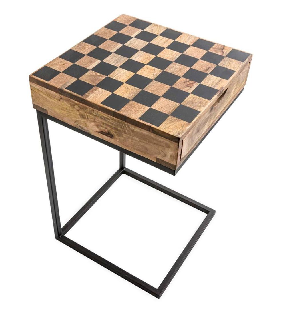 Plow &amp; Hearth Accent Tables | Indoor Living Checkerboard Pull-Up Side Table With Game Pieces