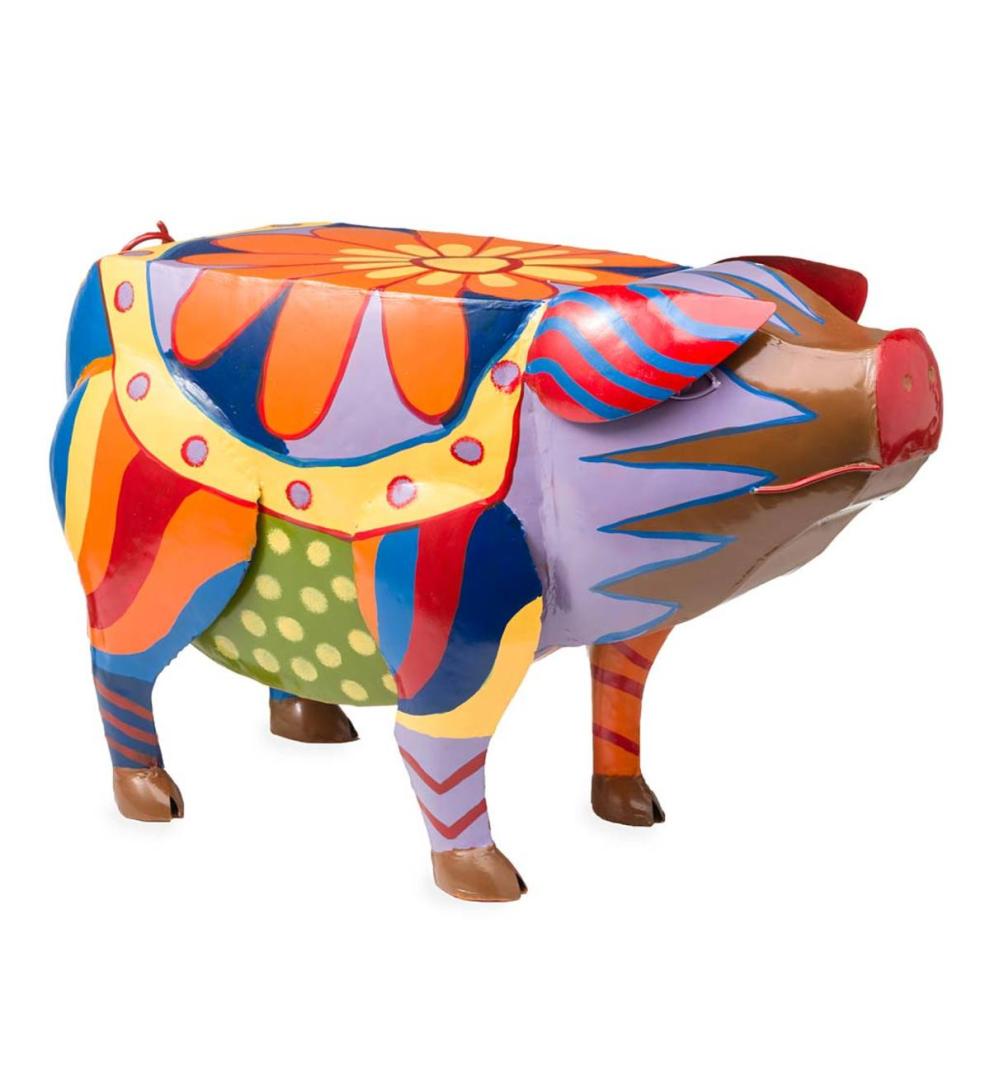 Plow &amp; Hearth Accent Tables | Indoor Living Colorful Folk Art Pig Side Table