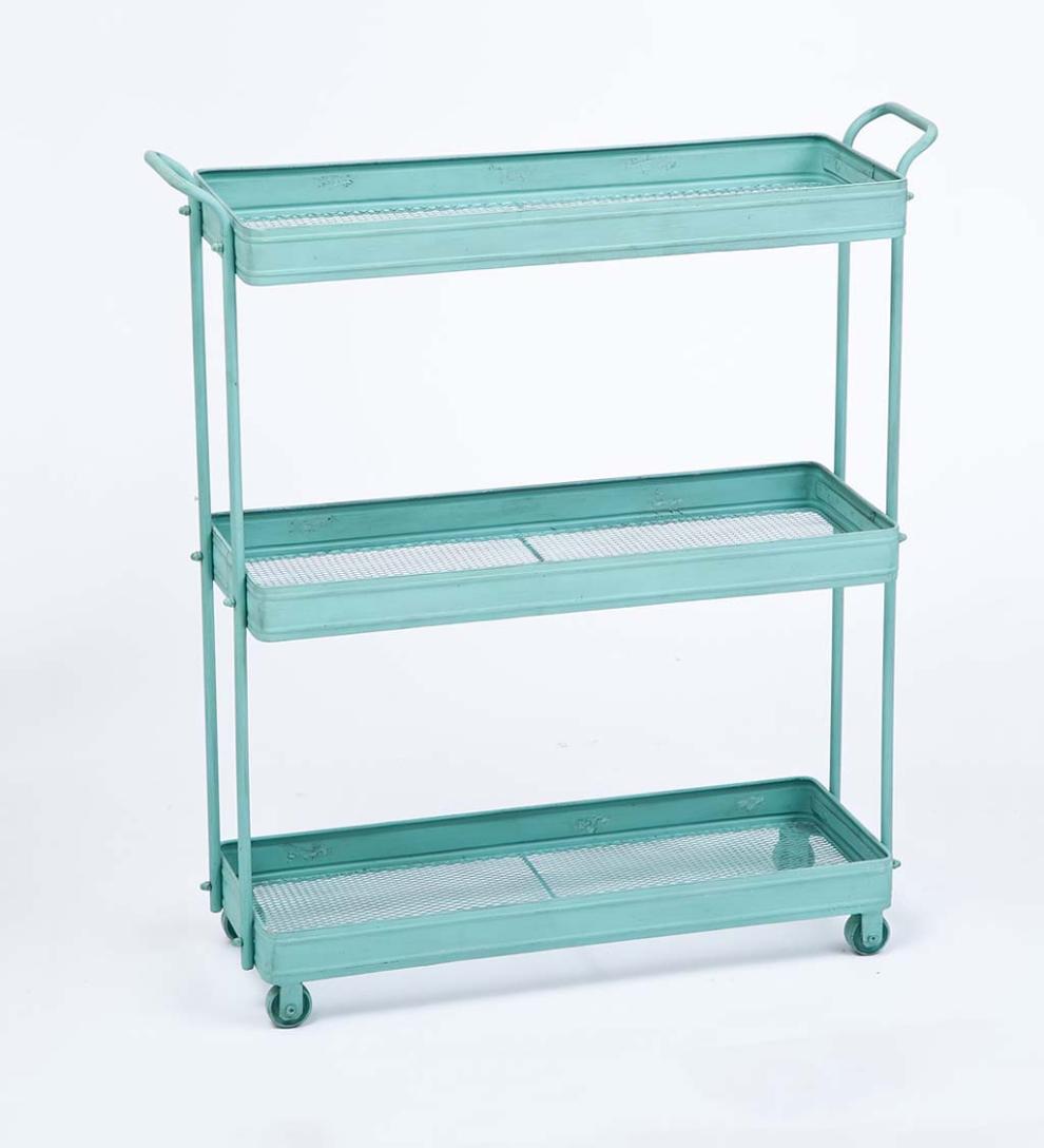 Plow &amp; Hearth Accent Tables | Indoor Living Distressed Blue Three-Tier Metal Cart With Wheels