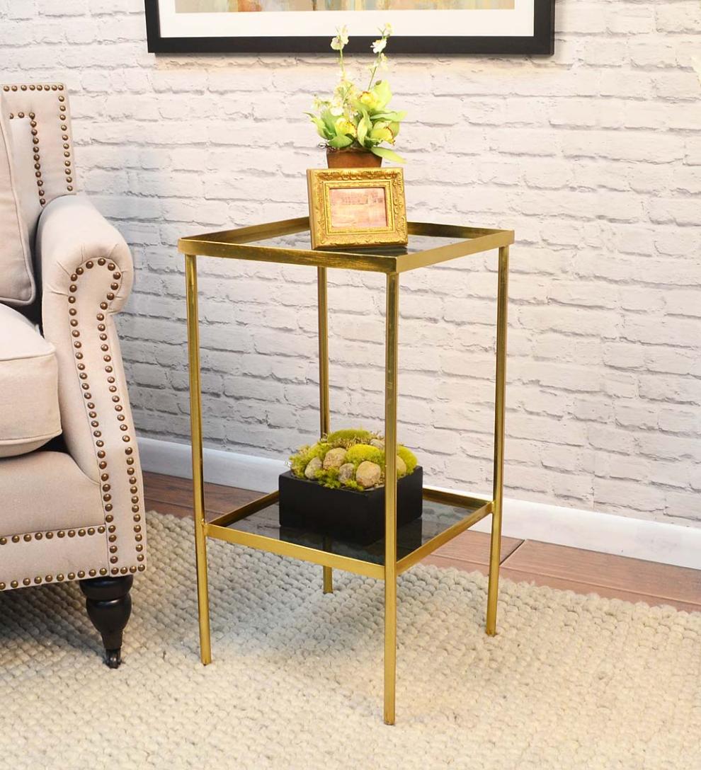 Plow &amp; Hearth Accent Tables | Indoor Living Gold And Black Square Accent Table With Shelf - Black/Gold
