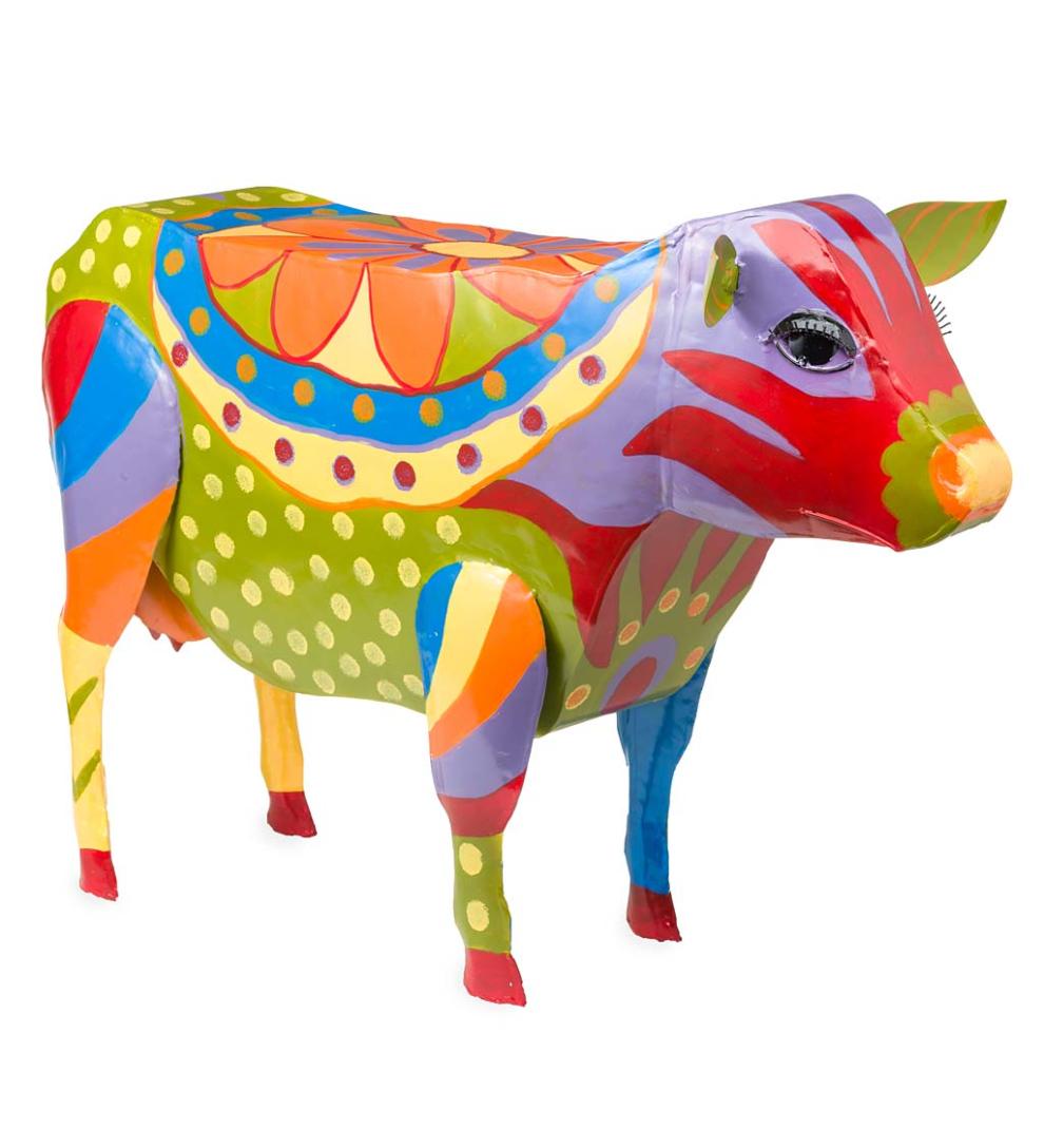 Plow &amp; Hearth Accent Tables | Indoor Living Handmade Colorful Painted Folk Art Cow Metal Side Table